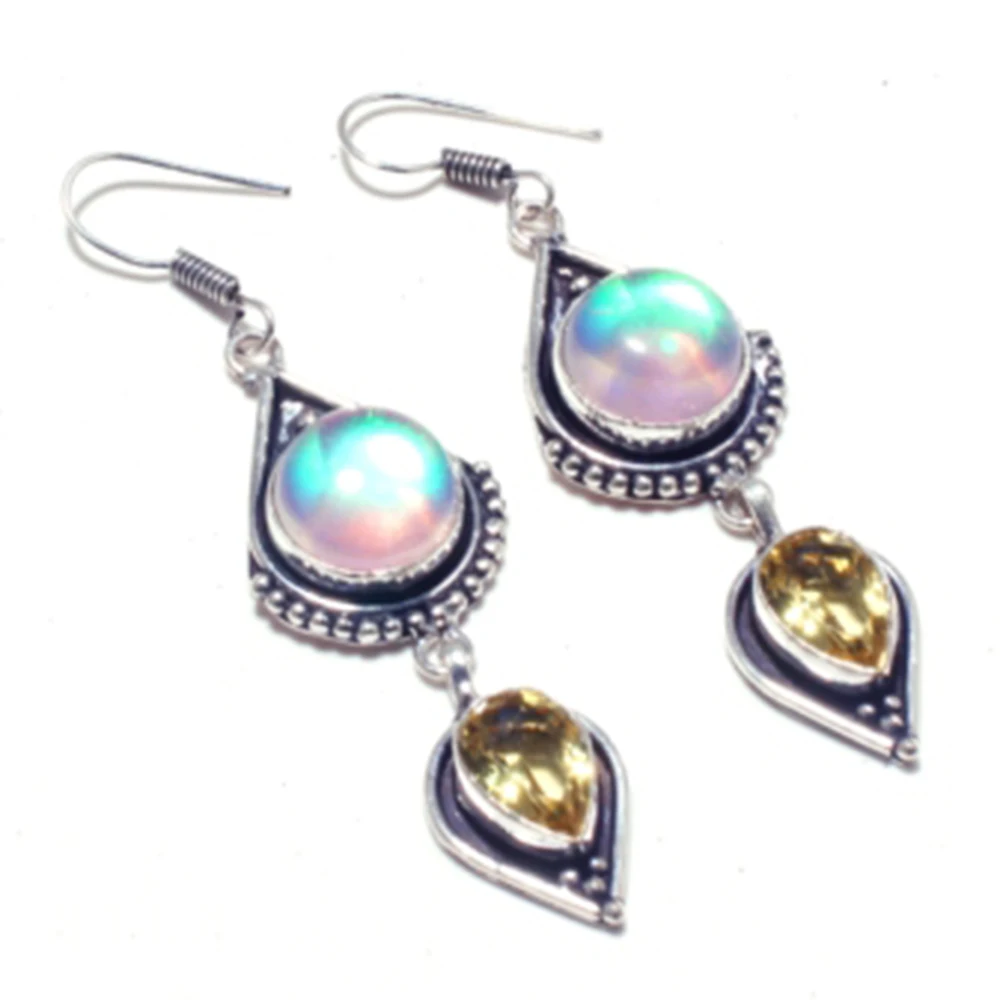 

Genuine Rainbow Fire Topaz + Citrine Silver Overlay on Copper Earrings , Hand made Jewelry Gift