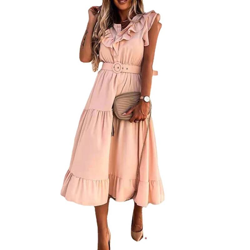 

2021 Summer New Ruffle Women Midi Dress V-neck Single-breasted Female Casual Dresses With Belt Office Ladies Solid Vestidos