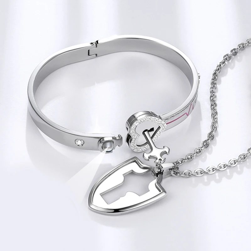 

Couple Lovers Puzzle Titanium Steel Love Heart Lock Bangle Charm Bracelets + Key Pendant Necklace Set Jewelry Gift
