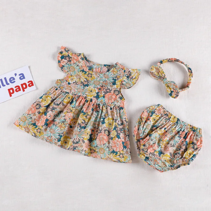 

kids baby girls short sleeve flower dresses+bottoms+bow headbands toddler infant princess casual cotton clothes sets 3pcs 0-3Y