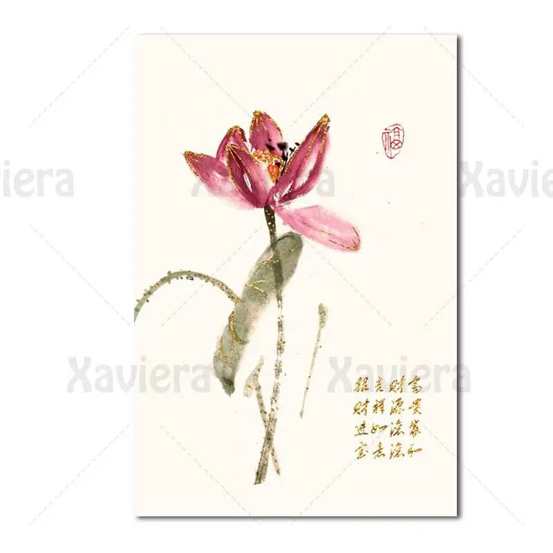 

Home Decor Chinese Painting Red Lotus & Lotus Leaf Wall Art Canvas Painting Landscape Classical Posters and Prints Living Room