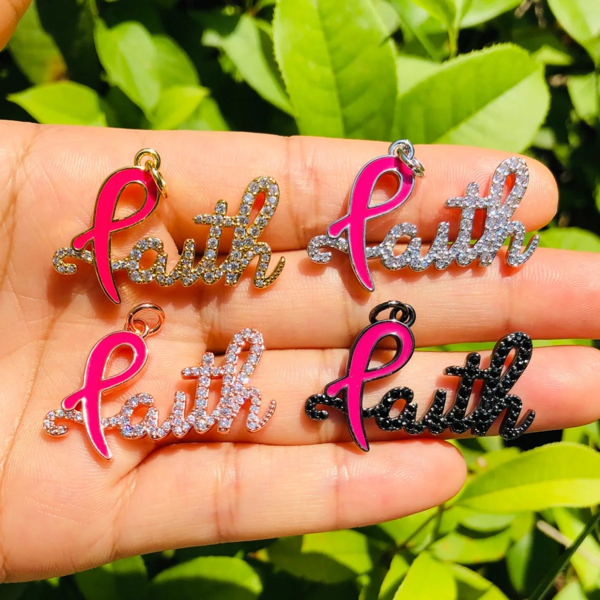 5pcs FAITH Word Charms for Bracelet Making Letter Pendant Necklace Bangle Pink Ribbon Breast Cancer Awareness Keychain Accessory
