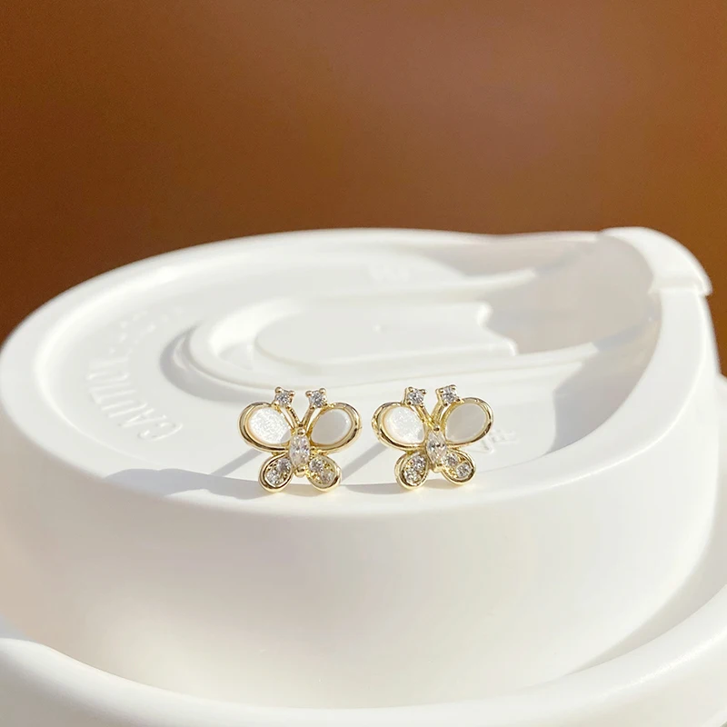 

Vintage Exquisite 14k Real Gold Jewelry Lovely Mini Butterfly Earrings for Women Luxury AAA Zircon Stud S925 Silver Needle Gift