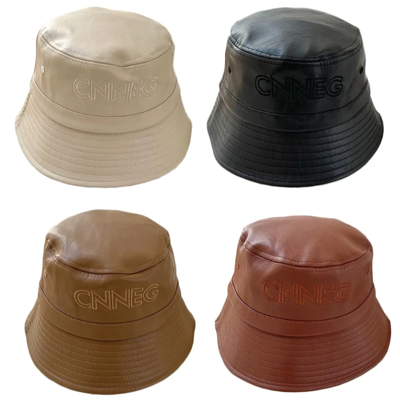 

Tide Brand Letter Fisherman Hat PU Leather All-match Basin Hat Korean Version Four Seasons Trendy Casual for Men Women