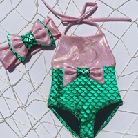 kids baby girl mermaid swimwear one piece bow bikini swimsuit headband bathing suit beachwear swimming costume