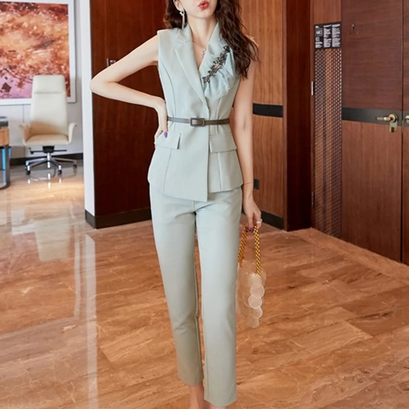 

New Fashion Designer Suit Summer Women Crystal Suit Vest Tops+High Waist pants Elegant Office Lady Two-Piece Set
