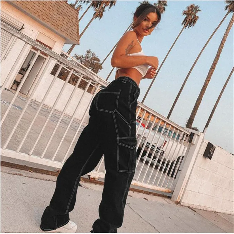 

Women Straight Wide Leg Jeans Trendy Black Stitching High Waist Casual High Streetwear Denim Long Pants with Pockets Trousers