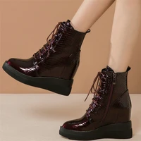 fashion sneakers women lace up genuine leather wedges high heel ankle boots female high top round toe pumps shoes casual shoes