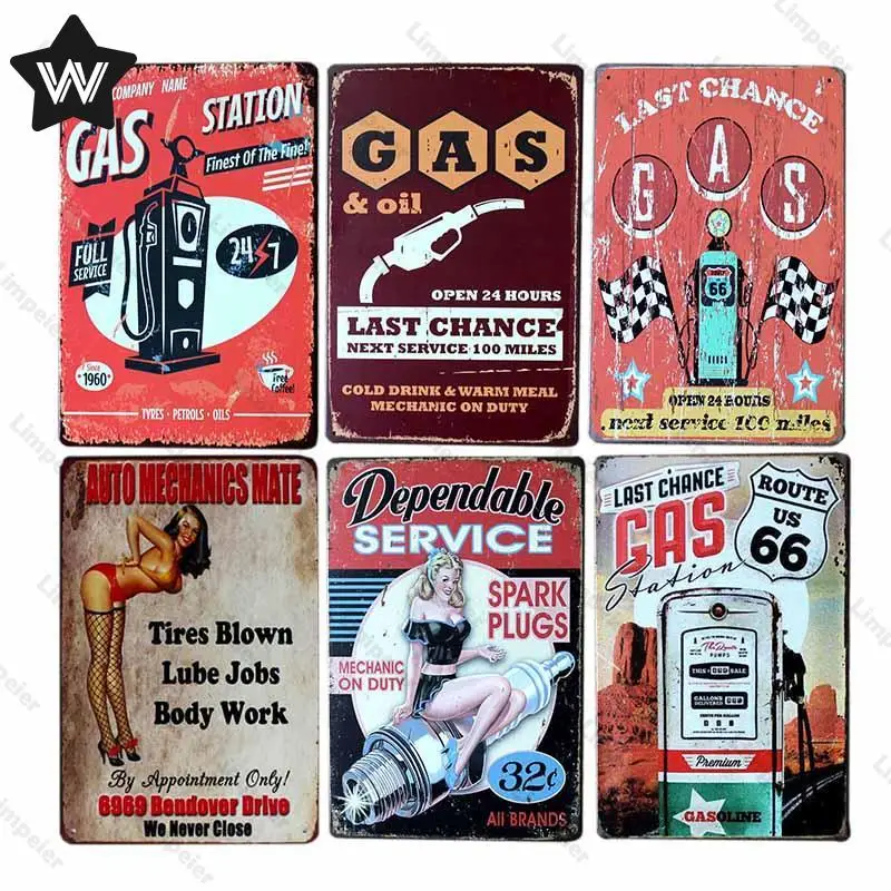 

Gas Oil Metal Tin Sign Garage Metal Wall Sticker Tin Plaque Vintage Metal Poster Tinplate Route 66 Metal Sign for Man Cave Decor