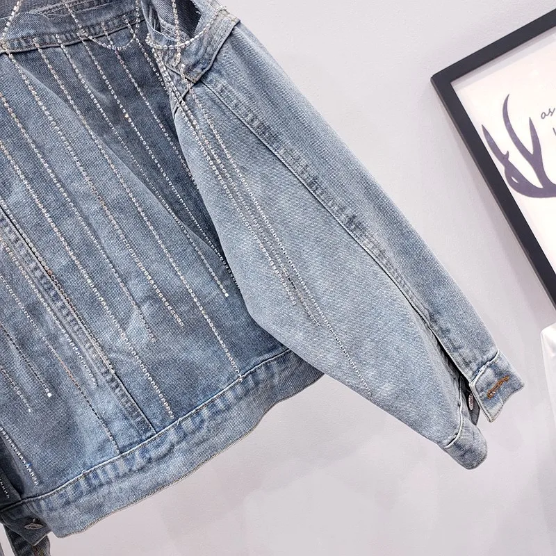 

Harajuku Women New Sexy Backless Hollow Out Diamonds Tassels Denim Jacket Ladies Casual Hip Hop Loose Fit Short Outwear Coats