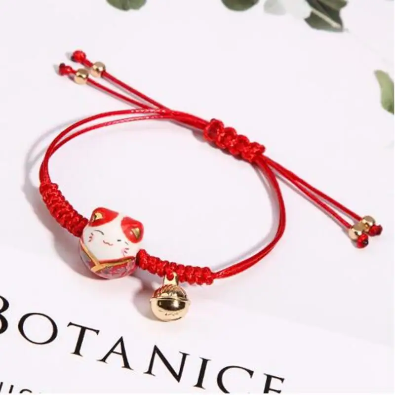 

1pc Ceramic Lucky Cat Bell Bracelet Female Student Girlfriends Hand-woven Red Colors Rope Bangle