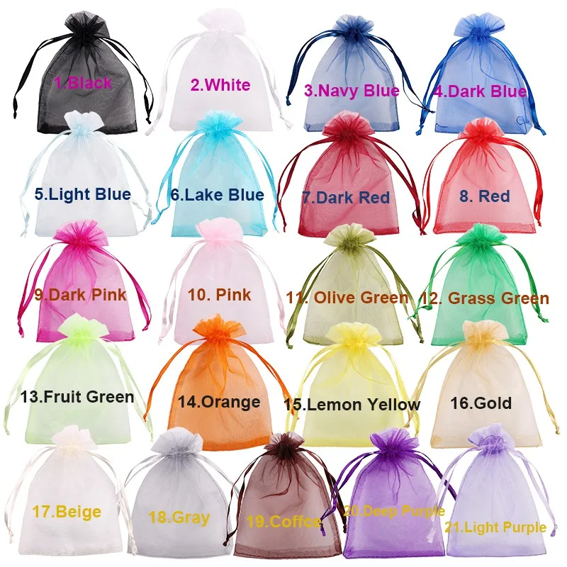 

50Pcs/lot Organza Bags Jewelry Bag Wedding Party Decoration Drawable Bags Gift Pouches Jewelry Packaging 7x9 9x12 10x15 13x18CM