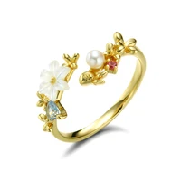 9k yellow gold pearl shell topaz open ring female white collar temperament all match jewelry