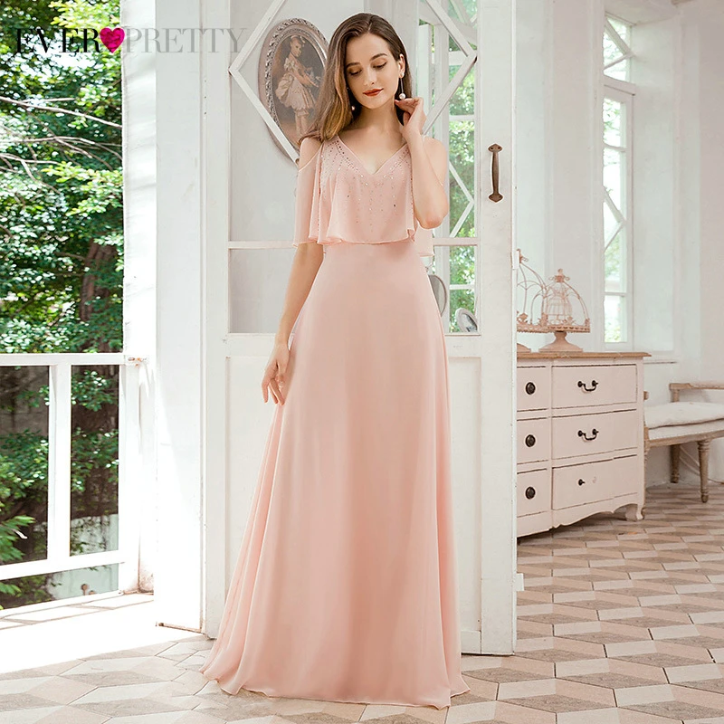 

Elegant Pink Bridesmaid Dresses Ever Pretty EP00576PK A-Line Beaded V-Neck Ruffles Chiffon Wedding Party Gowns Vestidos 2020