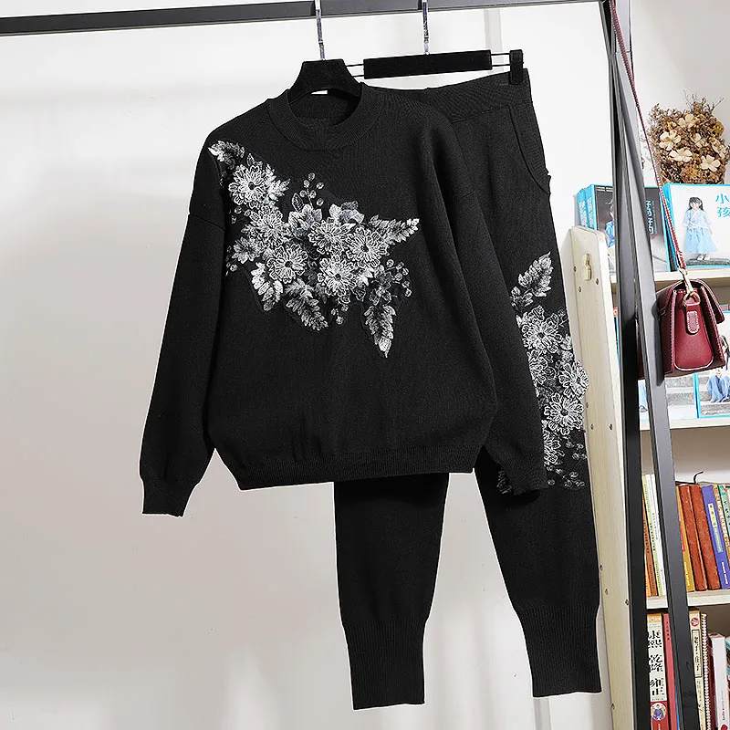 

Black 3D Flower Embroidery Knitwear Set Women Loose Long sleeve Pullover Tops Long Pants Knitted Casual Tracksuit Outfits Female
