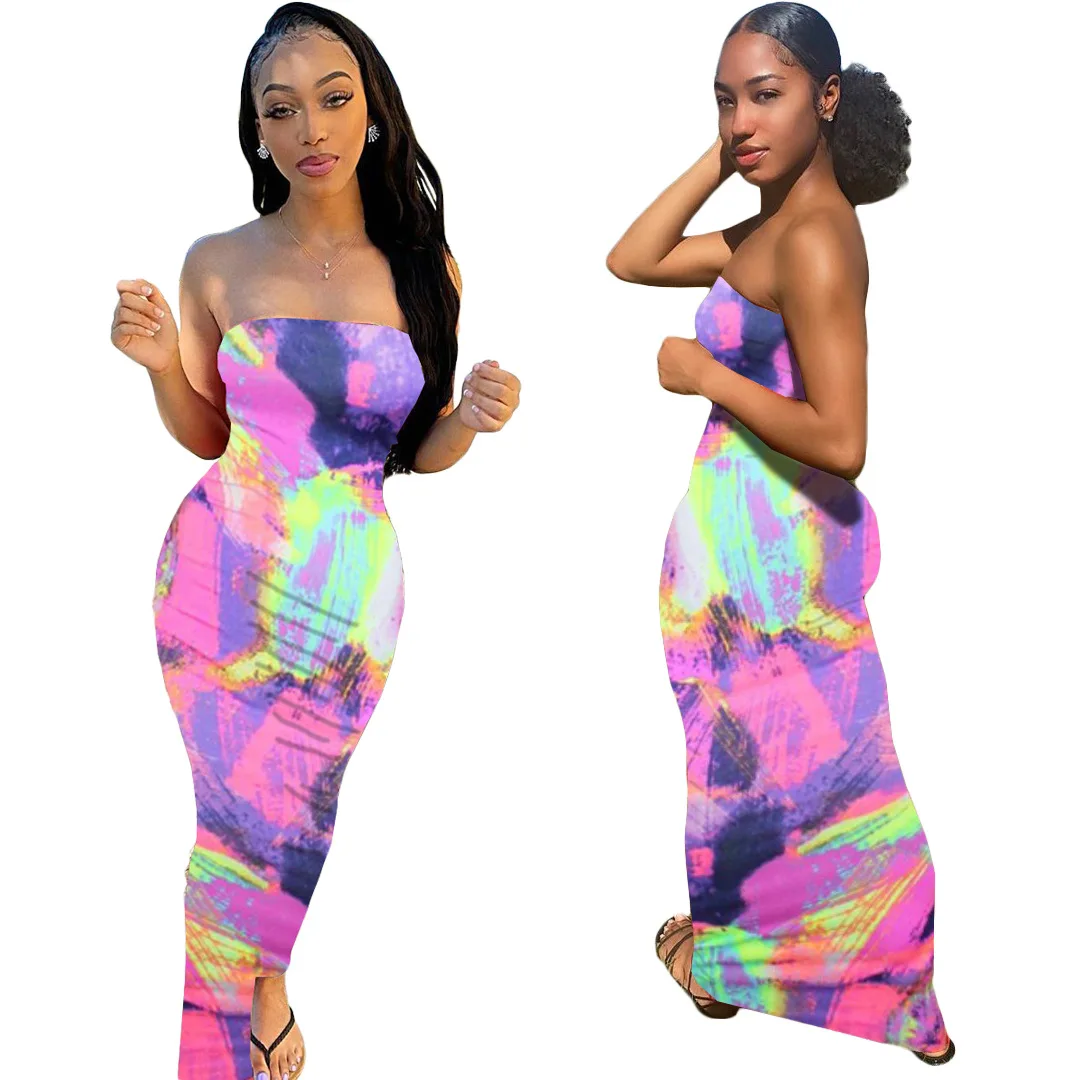 

New Summer Colorful Tie-dye Sexy Fashion Off-the-shoulder Wrap-chest Off-the-shoulder Long Dress