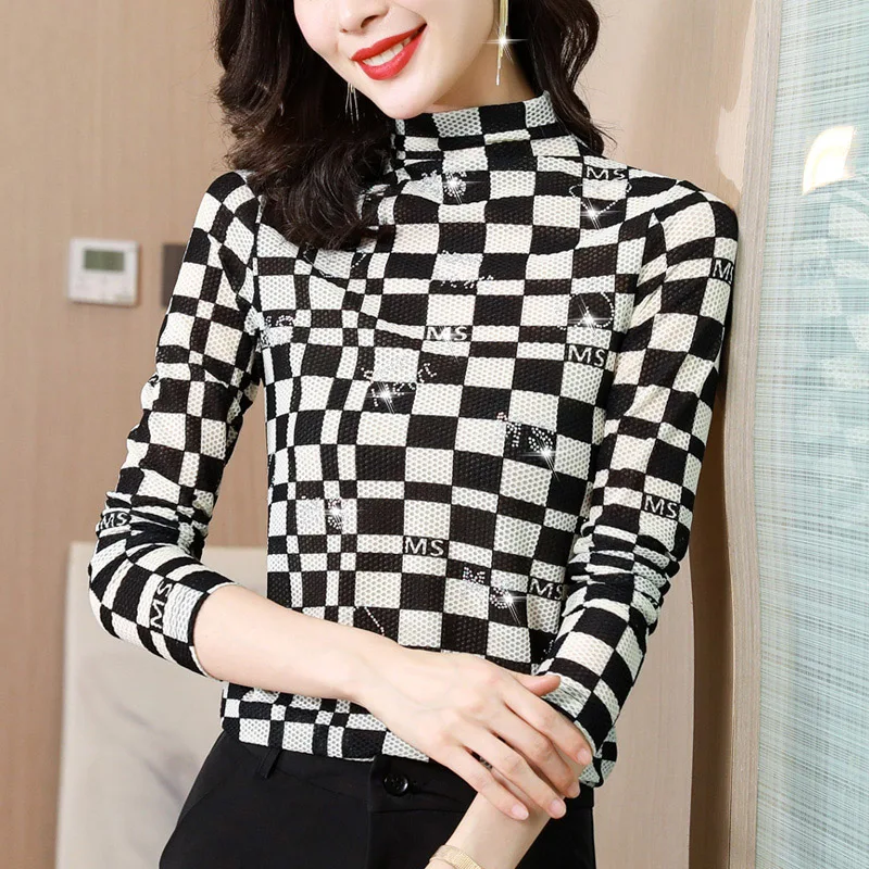

Chikichi 2021 Spring and Autumn New Fashion and Elegant High-neck Mesh Printing Long-sleeved Bottoming Blouse Women