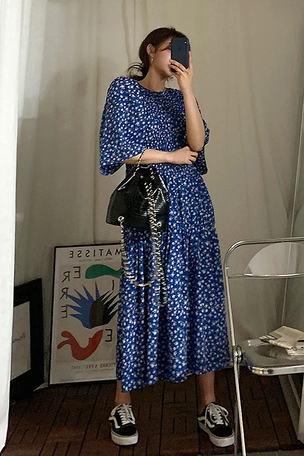 

SuperAen Women's Spring and Summer Long Dress 2021 New Retro Floral Printed Butterfly Sleeve Party Dress