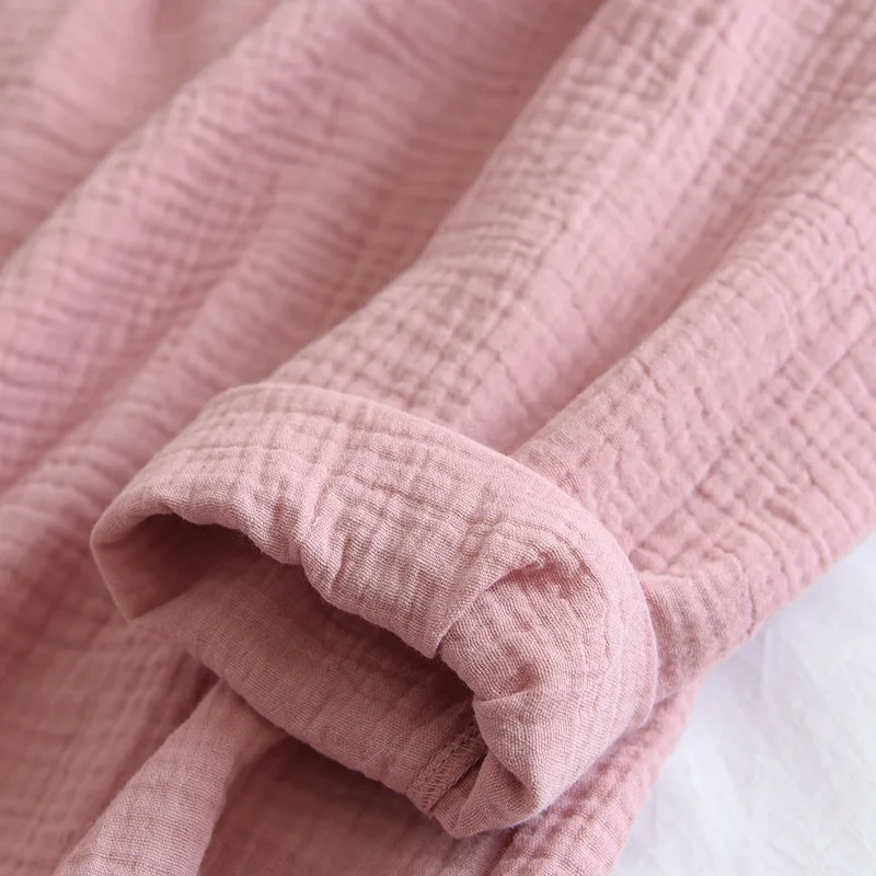 Japanese Simple Spring And Autumn Ladies Pajamas Two-piece Long-sleeved Trousers 100% Cotton Crepe Round Neck Home Service Set