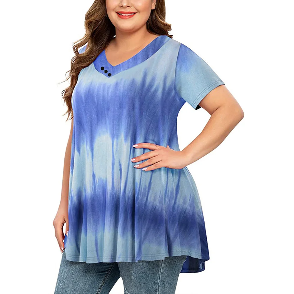 

Women Gradient Print Plus Size Tops Summer V-neck Short Sleeve T-shirt Tie dye Button Loose Casual Large Size Blouse Fashion D30