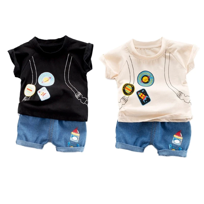 

2019 New Baby Boy Clothes Summer Baby Boys Short Sleeve Cartoon Print Tops Blouse T-shirt+Denim Shorts Casual Outfits Sets