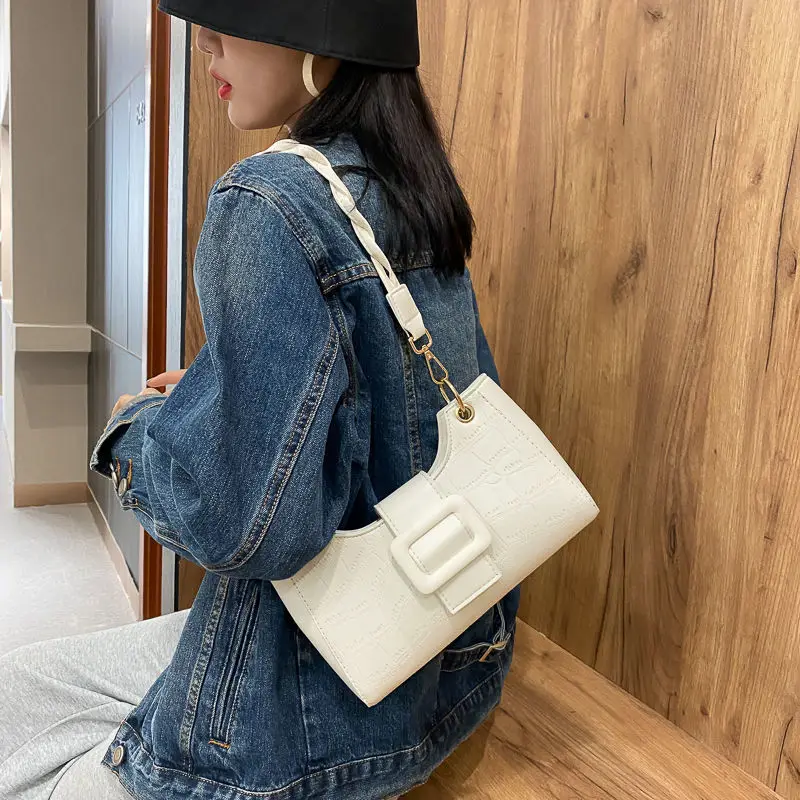 

Shoulder Bag Women Handbag Baguette Bag Underarm Bag All-match Fashion Texture Stone Pattern 2021 Casual PU Leather Zipper Solid