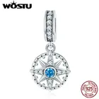 WOSTU оригинальный браслет из серебра 925 пробы с компасом и голубым кубическим цирконием, браслет с бусинами, ожерелье, сделай сам, хрустальные украшения, модный подарок CQC847