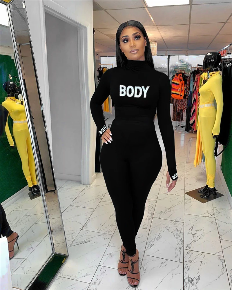 Adogirl Body Letter Print Women Casual Jumpsuit Turtleneck Long Sleeve Skinny Romper Female Tracksuit Fashion Clothing Overalls