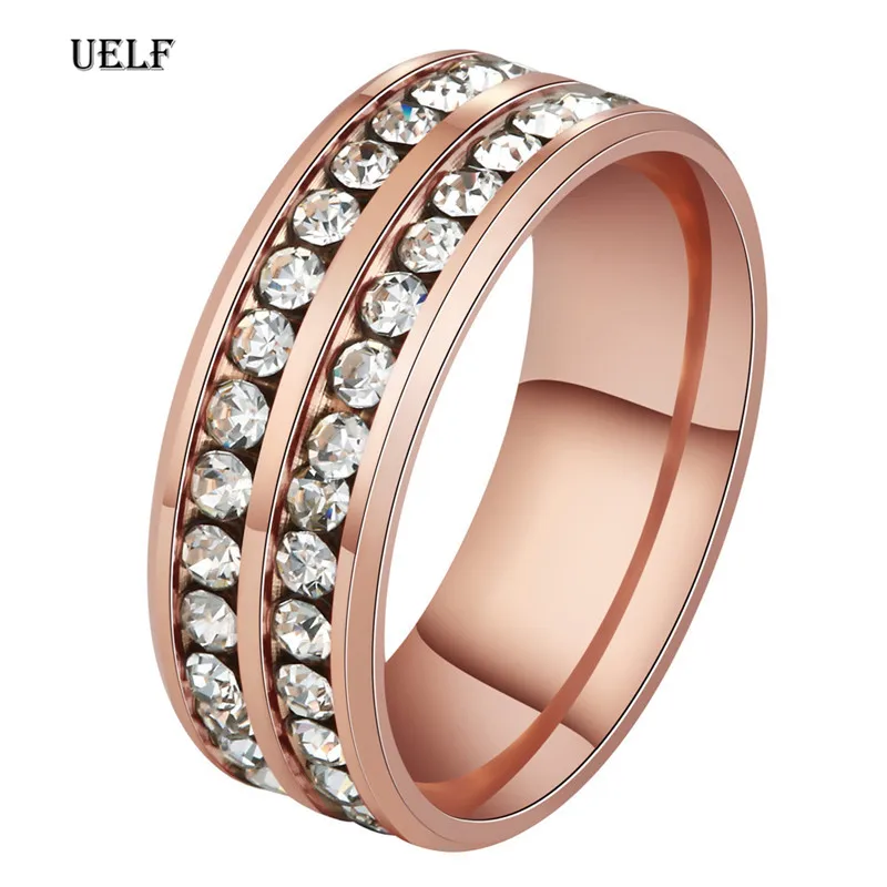 Uelf 2019 новое Золотое кольцо из нержавеющей стали обручальное Стразы 2 ряда белый CZ