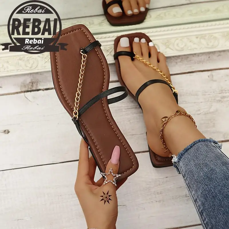 

New Summer Woman Sandals Square Toe Ladies Chain Mules Sexy Female Shoes Flip Flops Serpentine Zapatillas Casa Mujer Indoor Slip