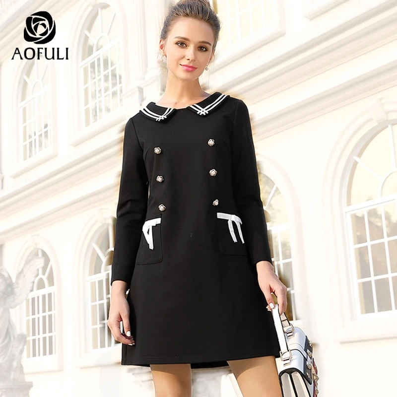 Черное платье с длинными рукавами в консервативном стиле сезон осень зима Платье