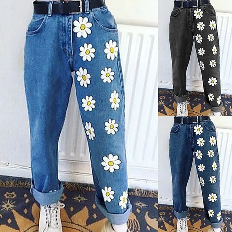 

2021 Fashion Woman Jeans High Waisted Straight Pants Women Denim Long Pants Vintage Daisies Printed Jeans Trousers Streetwear
