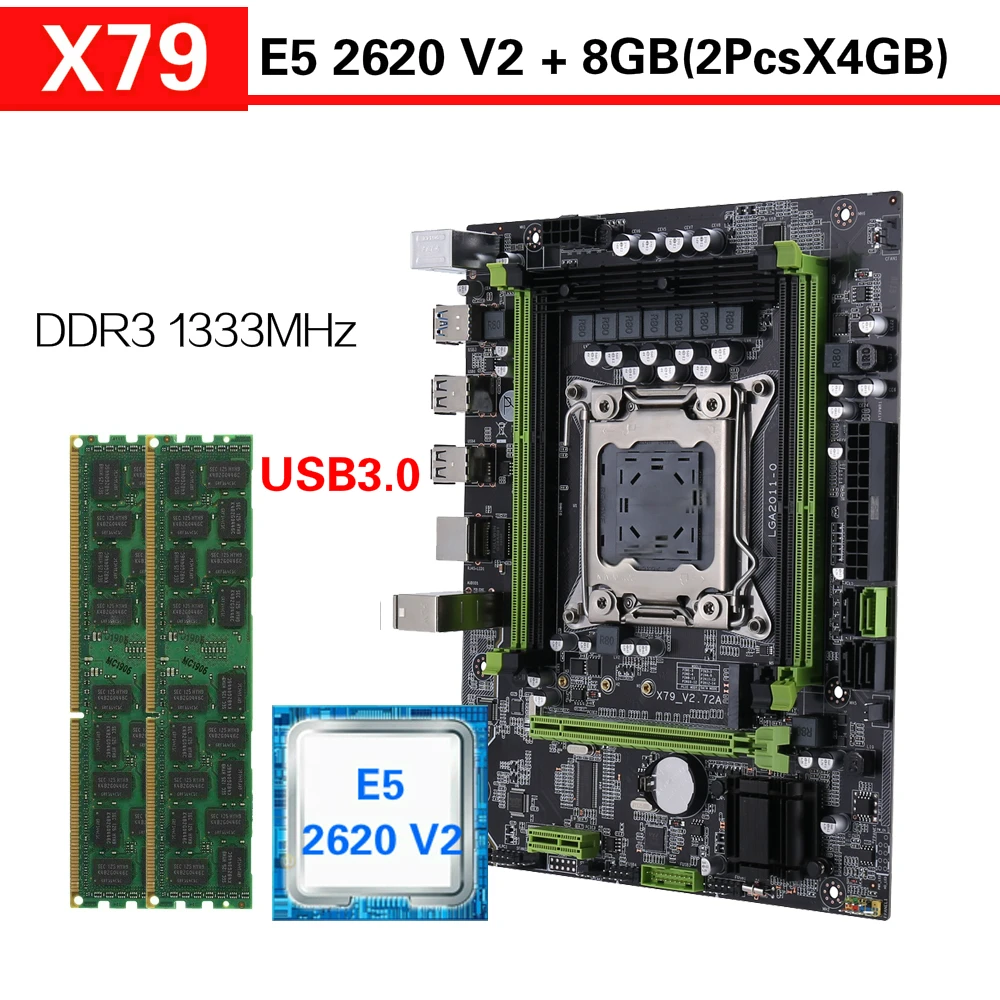 Фото Kllisre X79 материнская плата чип USB3.0 combos E5 2620 V2 2 шт 4 Гб PC3 1333 ECC память|Материнские