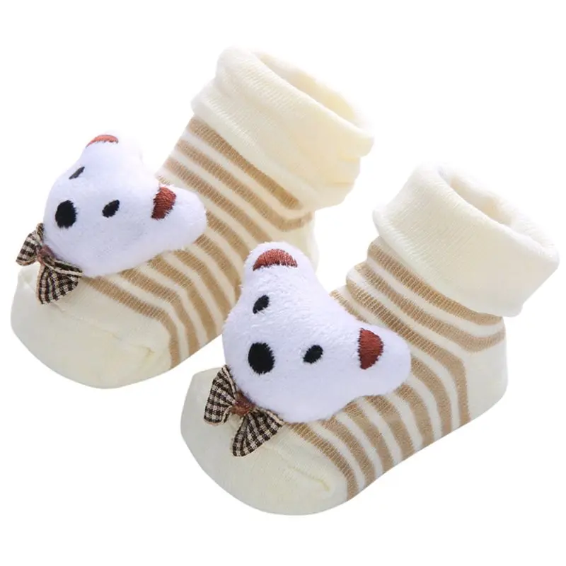 

Newborn Baby Prewalker Cotton Floor Socks Cute 3D Cartoon Animal Rainbow Stripe Anti-Skid Infant Cuffed Slipper Shoes