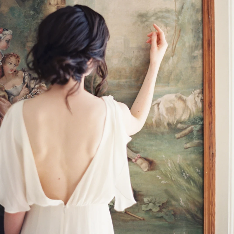 Simple Backless Chiffon Bride Bridal Gown Wedding Party Backless Photography Cinched Waist #910 Bridesmaid Real Sample Photo