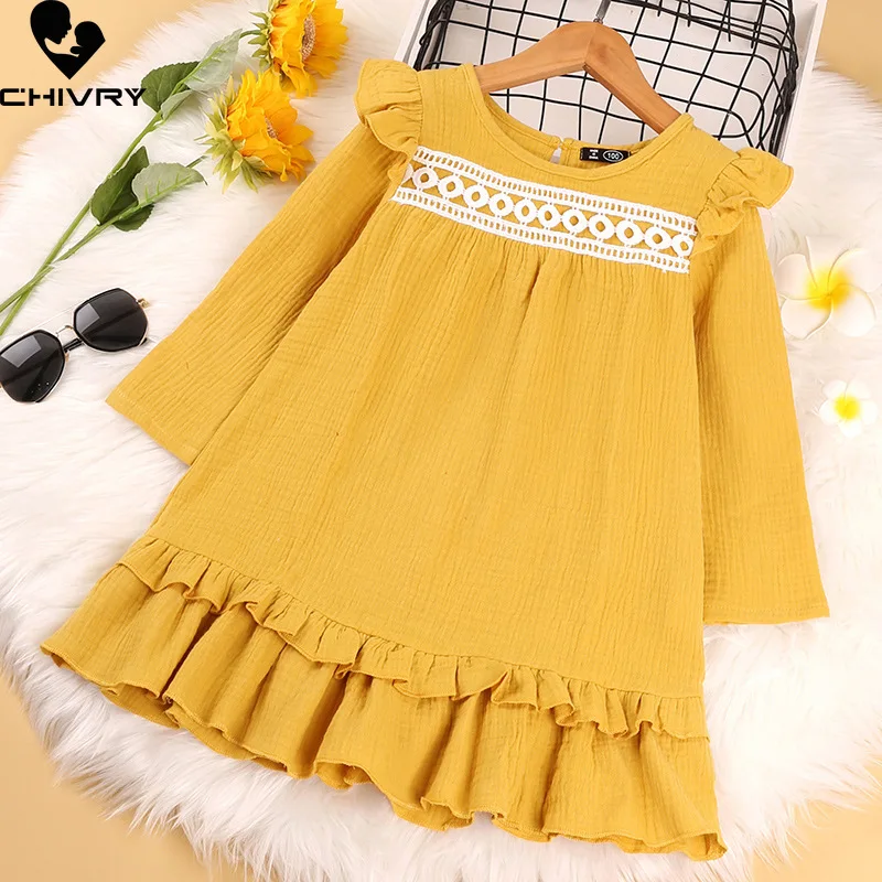 

Spring Autumn 2022 Girls Dresses Kids Baby Girls Ruffles Long Sleeve O-Neck A-line Dress Fashion Lace Patchwork Princess Dresses