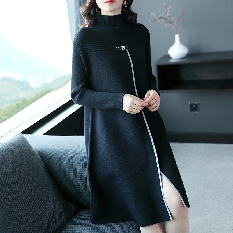 Фото Knitted sweater dress female 2019 Autumn and winter new solid color fashion high quality long section pullover Женская одежда Knitted sweater dress female 2019 Autumn and winter new solid color fashion high quality long section pullover Женская одежда