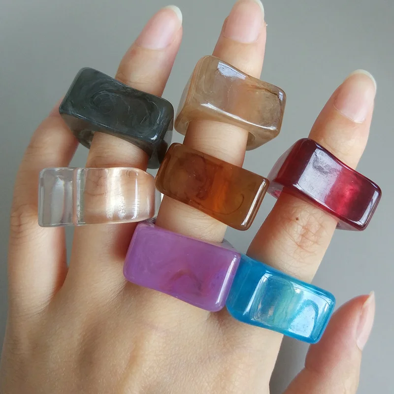 

Ins Aesthetic Colorful Transparent Resin Acrylic Crystal Korean Geometric Irregular Square Rings for Women Trendy Jewelry