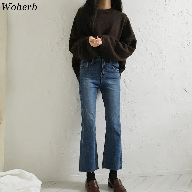 Woherb/Новинка года; осенне-зимние женские свитера; винтажный свободный Свитер оверсайз; топы в Корейском стиле; вязаный Повседневный однотонный джемпер; пуловер