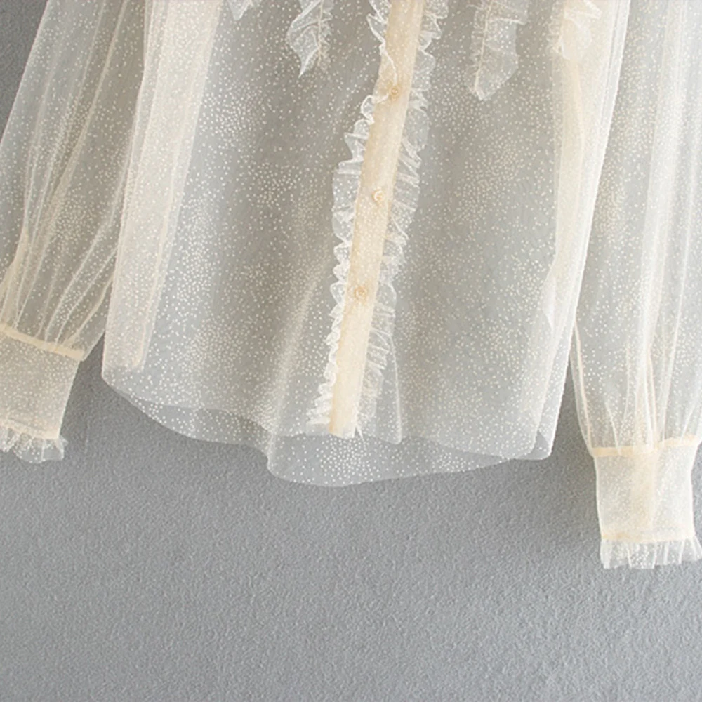 

European and American gentle wind retro polka dot ruffled mesh see-through shirt, lightweight sunscreen shirt