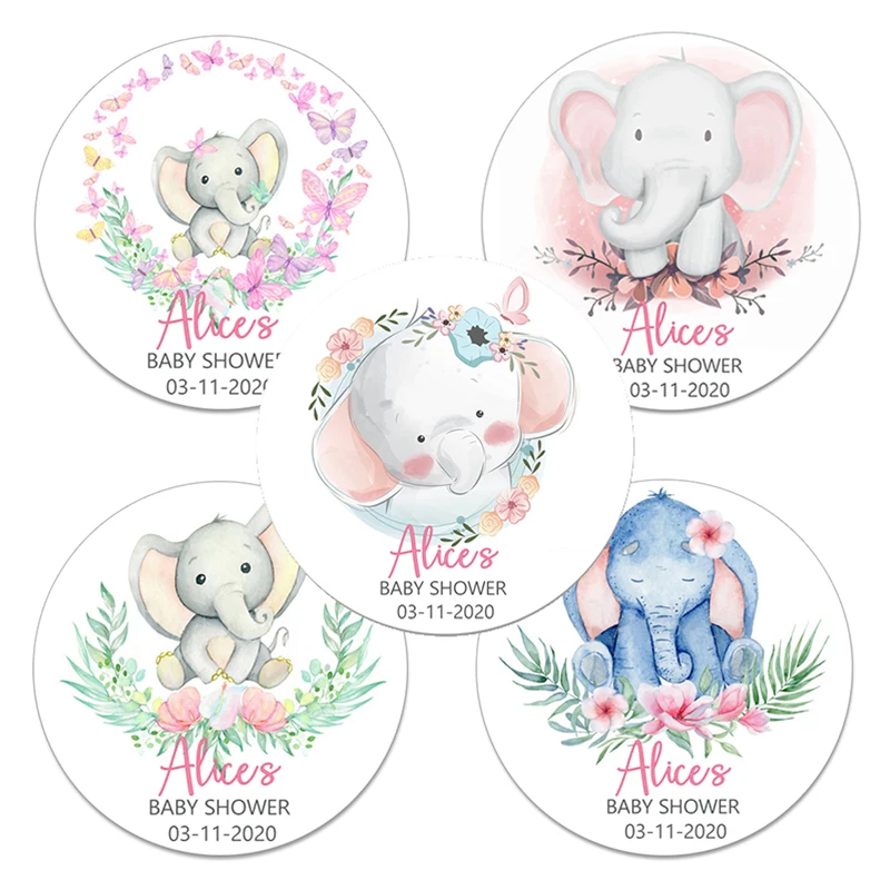 Elephant Personalized Baby Shower Round Stickers Customize Name Date Text Favor | Дом и сад