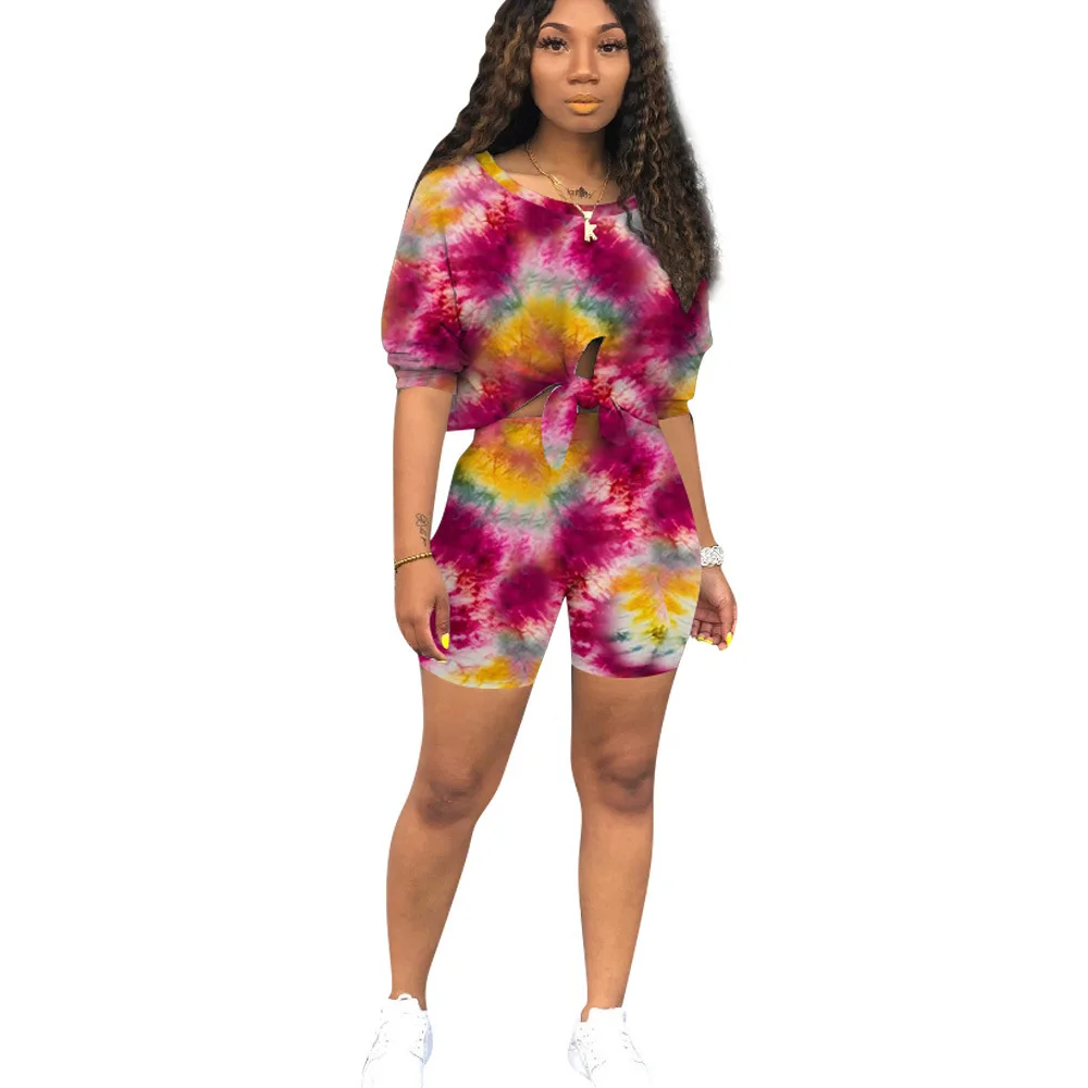 

Sports Style Two Piece Suit Women's Clothing Custom Fashion Tie Dye Printing Personality Strap Casual Short Suit Dropshipping