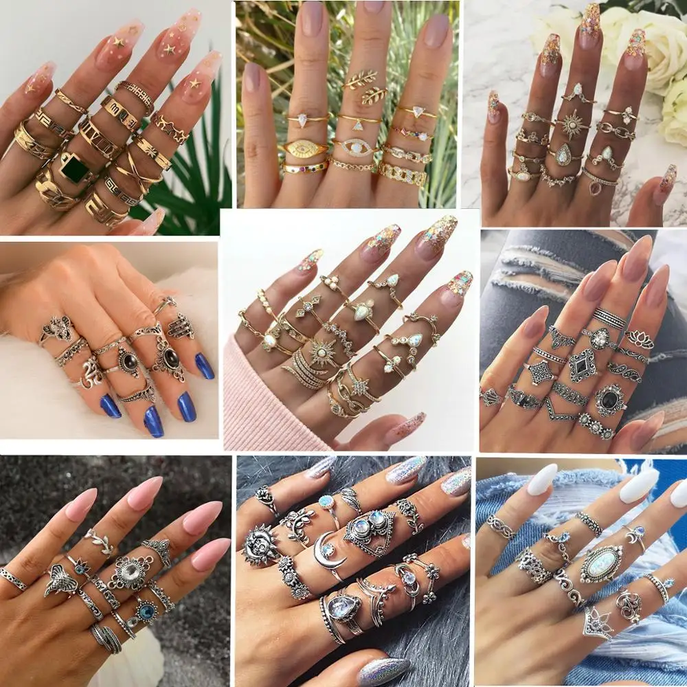 

30 styles Bohemian Rings Crystal Star Crown Cross Snake Drops Elephant Geometry Gold Ring Set Personality Lady Wedding Jewelry