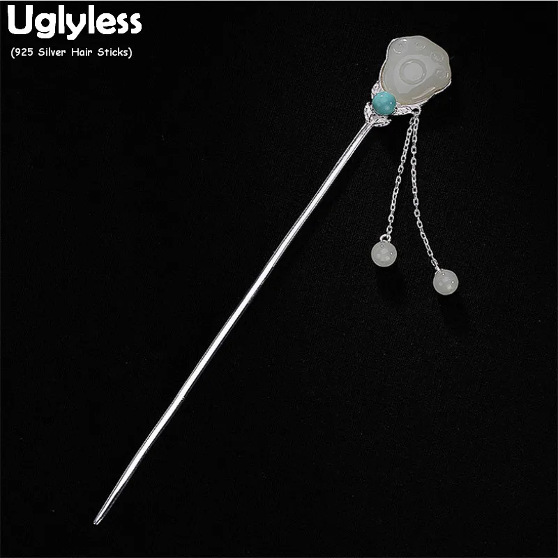 

Uglyless Bohemia Turquoise Hair Sticks for Women Ethnic Natural Jade Clouds Forks Solid 925 Silver Hair Jewelry Eastern Tassels
