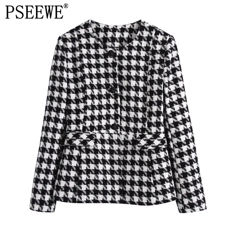 

PSEEWE Za Tweed Blazer Women Black White Houndstooth Jacket Woman 2021 Long Sleeve Elegant Female Blazer Autumn Button Jacket
