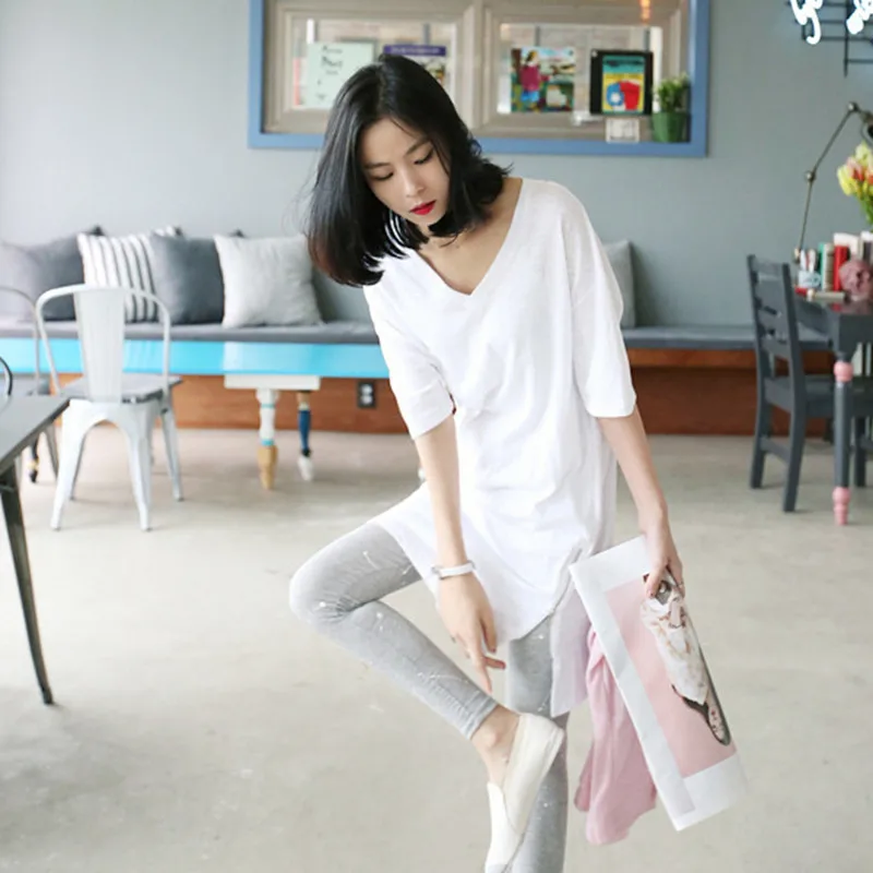 

T-shirt female long-sleeved loose mid-length v-neck bottoming shirt compassionate top tshirt