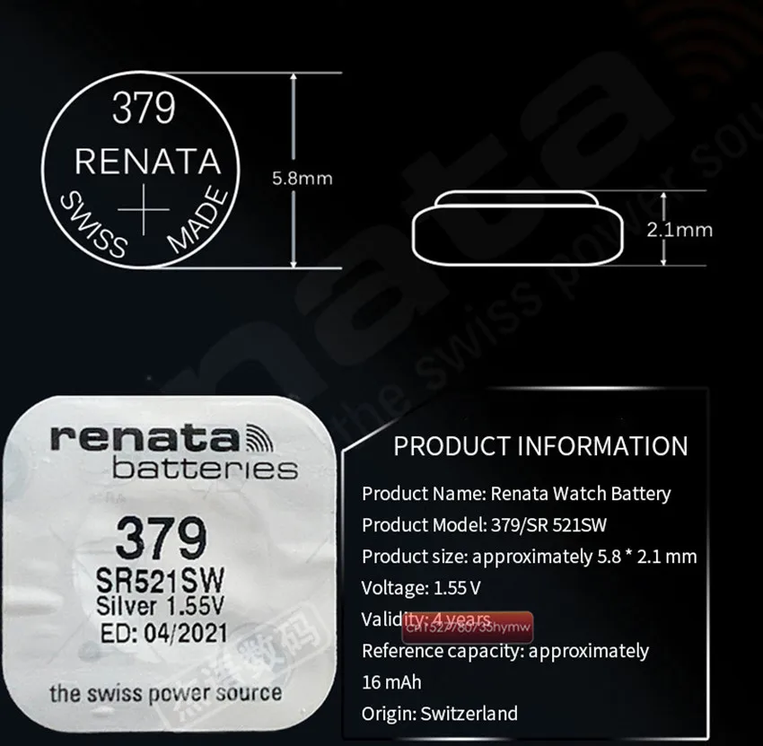 2 упаковки Серебряный оксид часовая батарея renata 379 SR521SW 521 1 55 в батарейки Bottun |