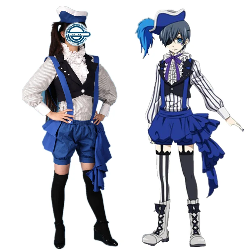 

Black Butler Ciel Phantomhive Ciel Cosplay Set Circus Costume Blue Overall Black 5 in1 shirt+waistcoat+short pants+hat+tie