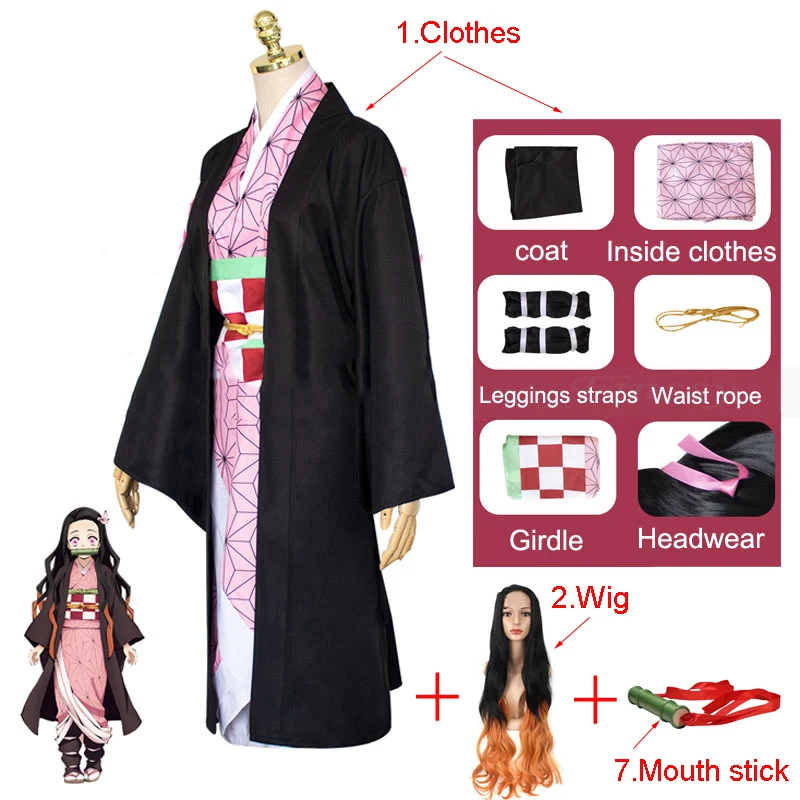 NEW Hot Anime Demon Slayer Kimetsu no Yaiba Kamado Nezuko Full Cosplay  Shoes Wig Tooth Mouth Stick Adult Woman Cosplay Costume