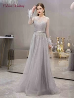 shiny beading silver gray long sleeves evening dresses feathers cryatal rhinestones women formal party gowns 2021 robe de soiree